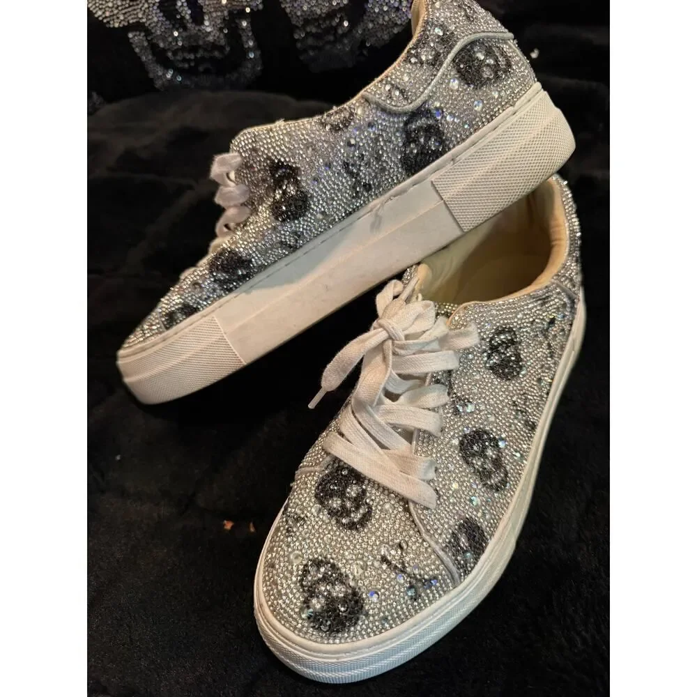 Betsey Johnson rhinestone crystal skull womens mid sneakers sz 9.5